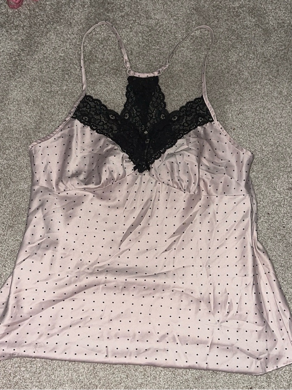 Ambrielle Blush Satin Polka Dot Chemise with Black Lace